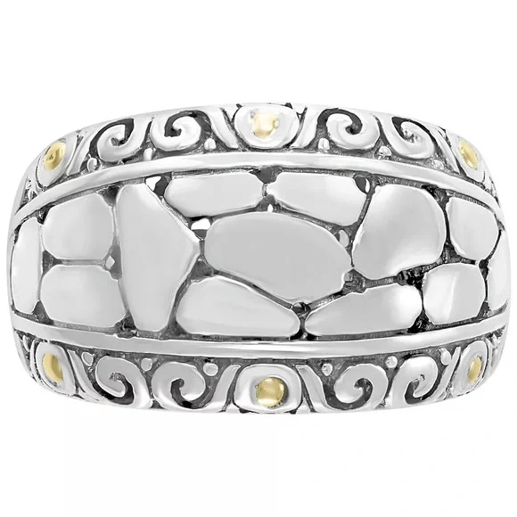Effy Balissima BH 925 Sterling Silver 18K Gold Crackle-Look Pebble Dome Ring - Picture 1 of 14